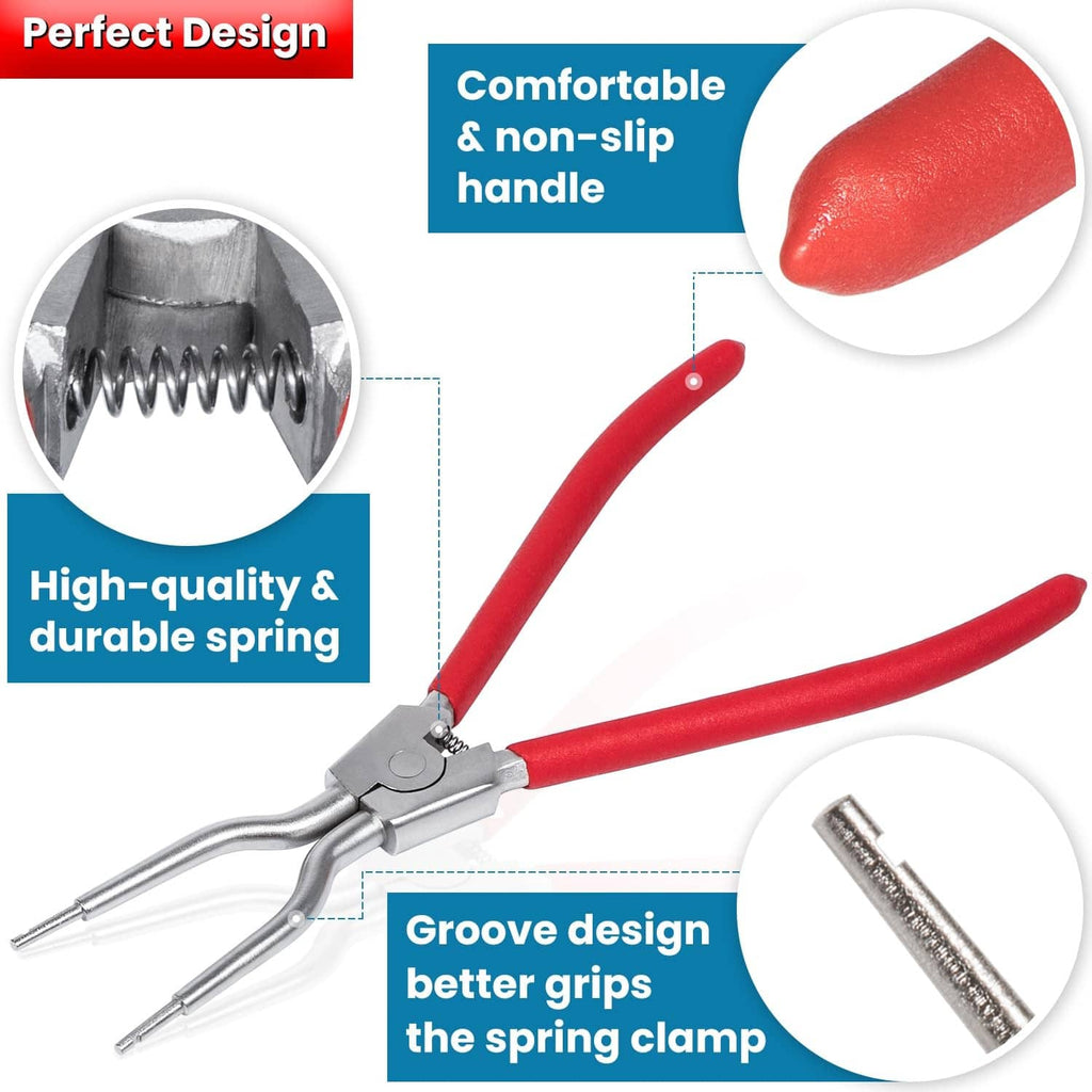 Washing machine spring expansion tool with red non-slip handles and silver clamp design