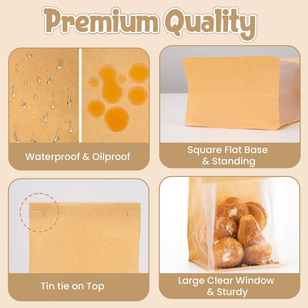 HONKID brown kraft food bags with square flat base and clear standing window