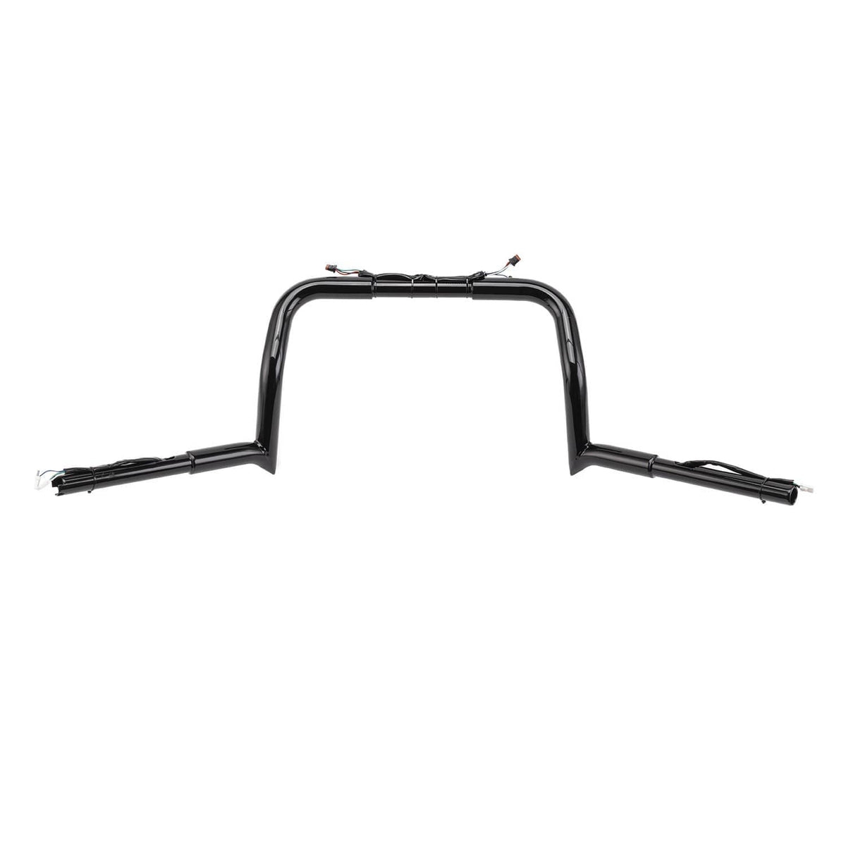 Black pre-wired meathook handlebar, wide U-shape with end bars and wiring connectors.