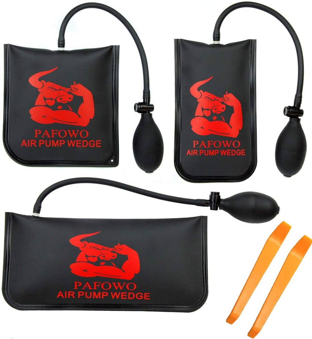 Air pump wedge bag with hand pump and attached nozzle for inflating lifting gaps
