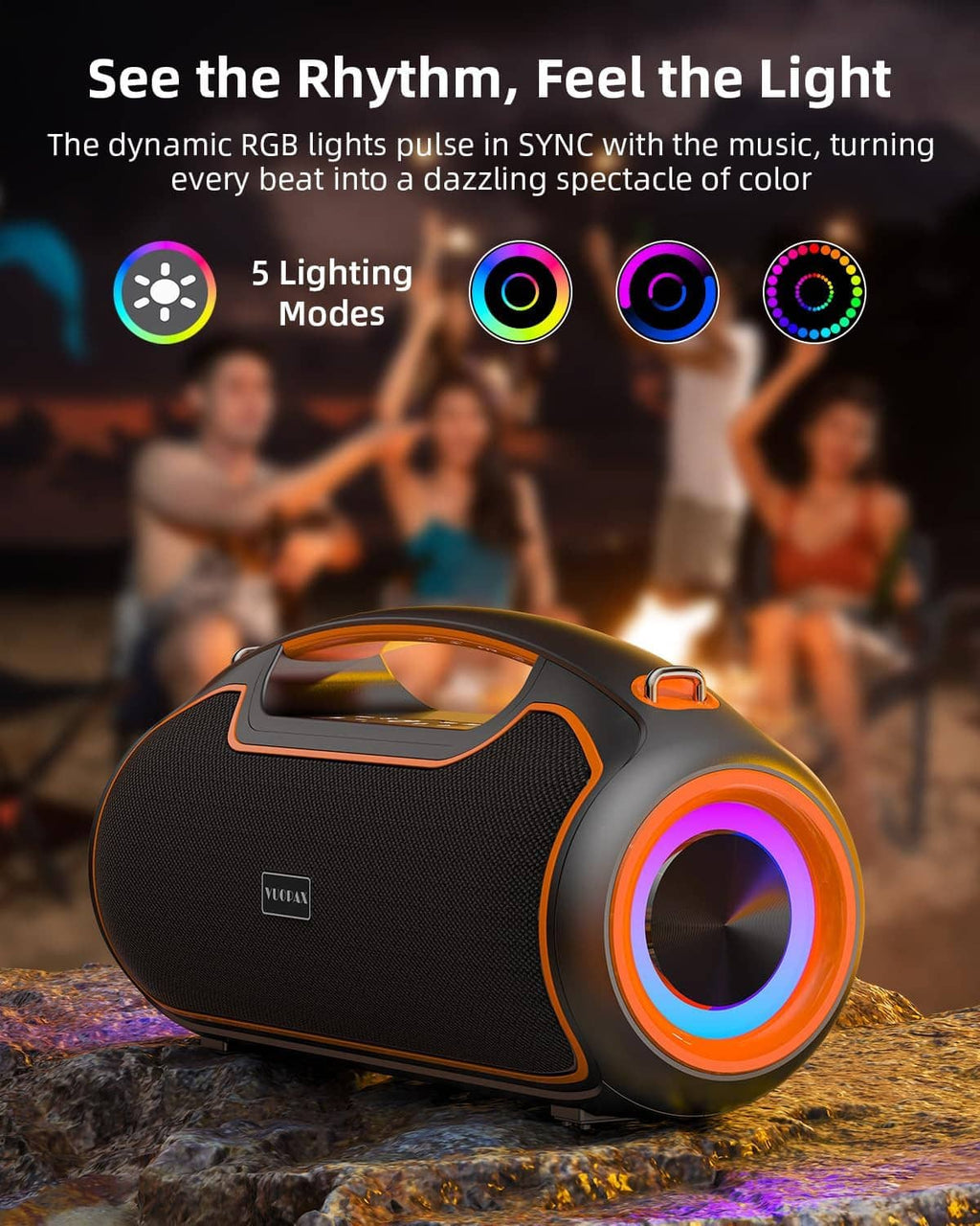 Portable Bluetooth speaker with glowing RGB ring and top control display, black and orange body