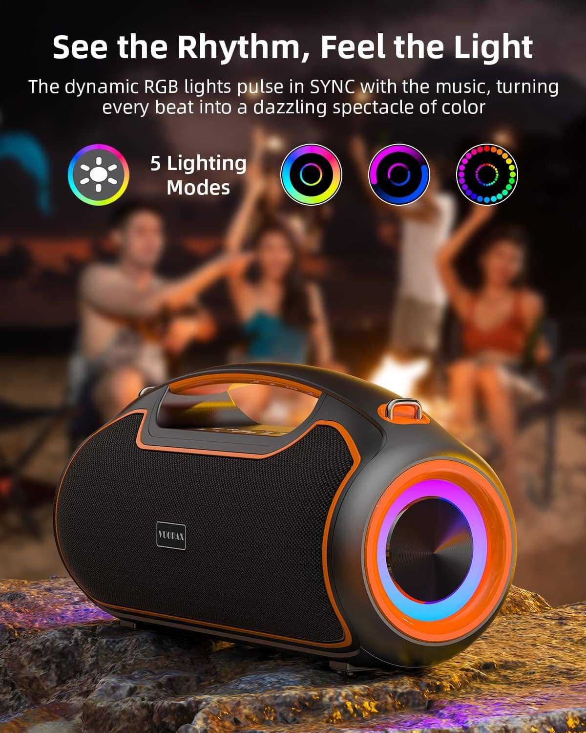 Portable Bluetooth speaker with glowing RGB ring and top control display, black and orange body