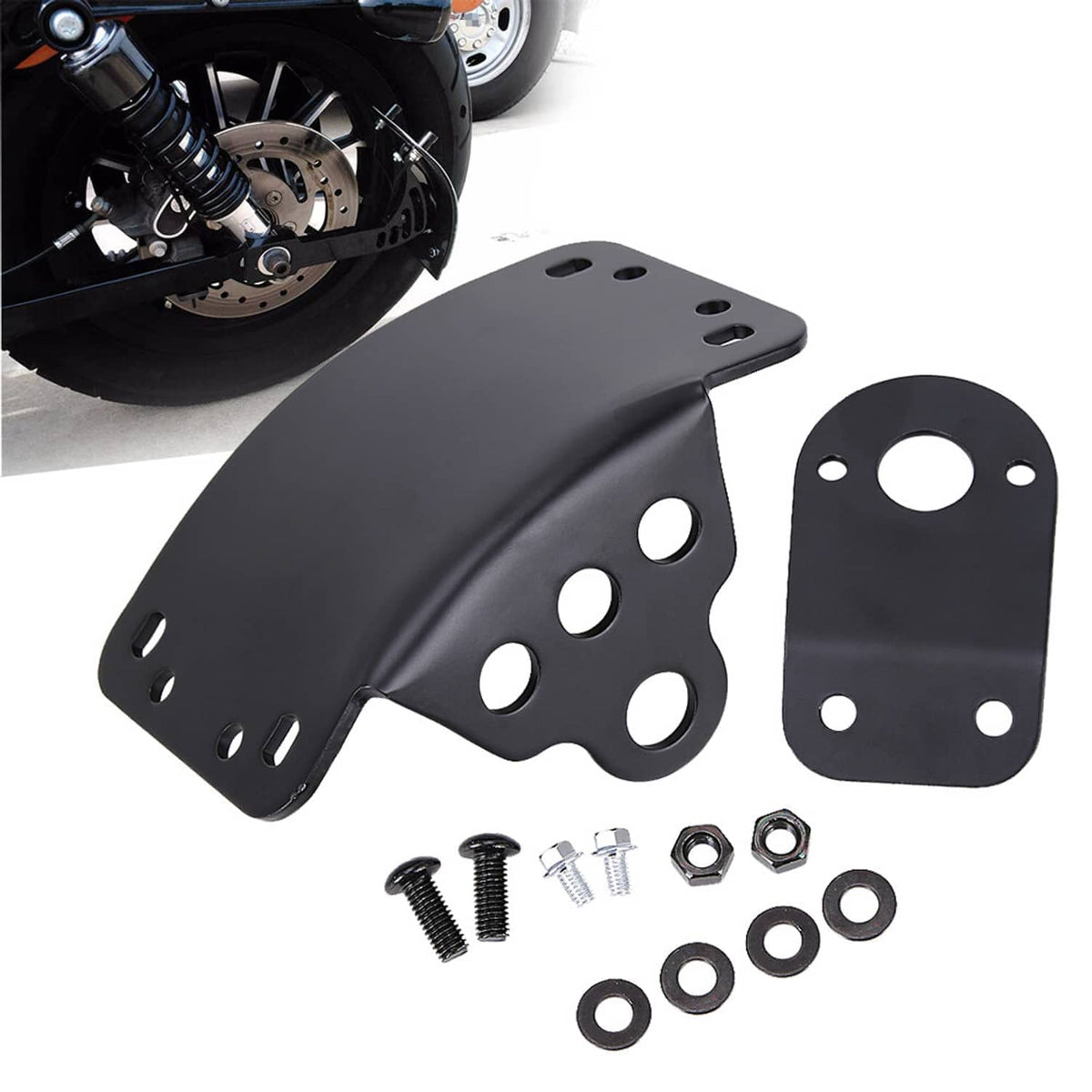Motorcycle license plate mount brackets with black hardware, two side plates and screws
