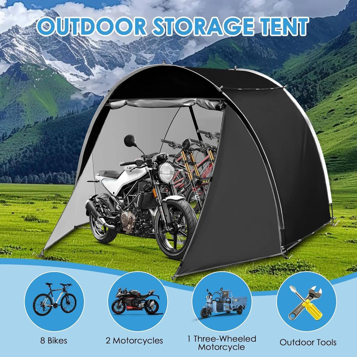 Outdoor bike storage tent in black with multiple motorcycles inside, open entrance