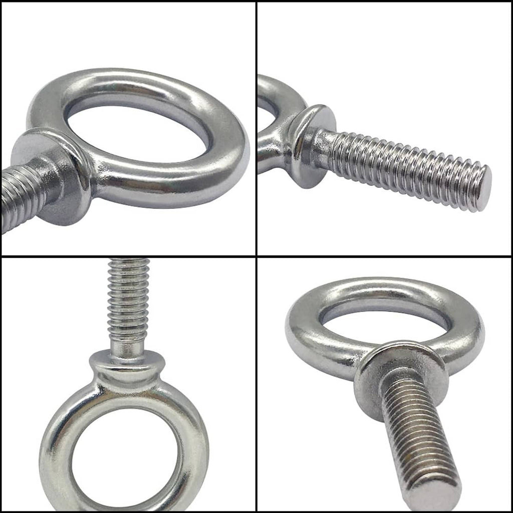 Silver lifting eye bolt close-up: circular eye loop and UNC threaded stem