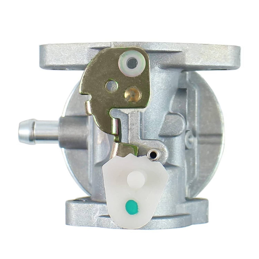 Carburetor internal mechanism close-up with linkage and green indicator dot