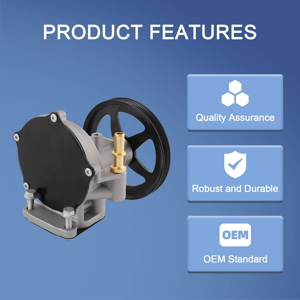 Vacuum pump assembly with black pulley and gray housing, product features panel visible