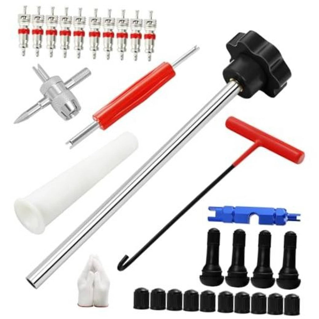 Tire valve stem tool kit with long metal rod, T-handle, and assorted valve caps