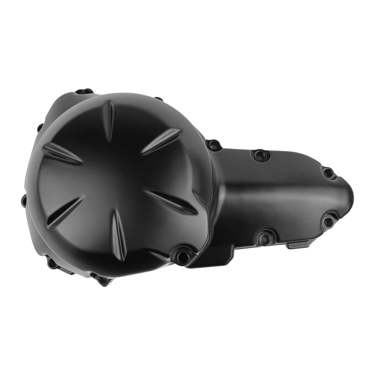 Black engine crankcase cover angled view with starburst emblem and side cap