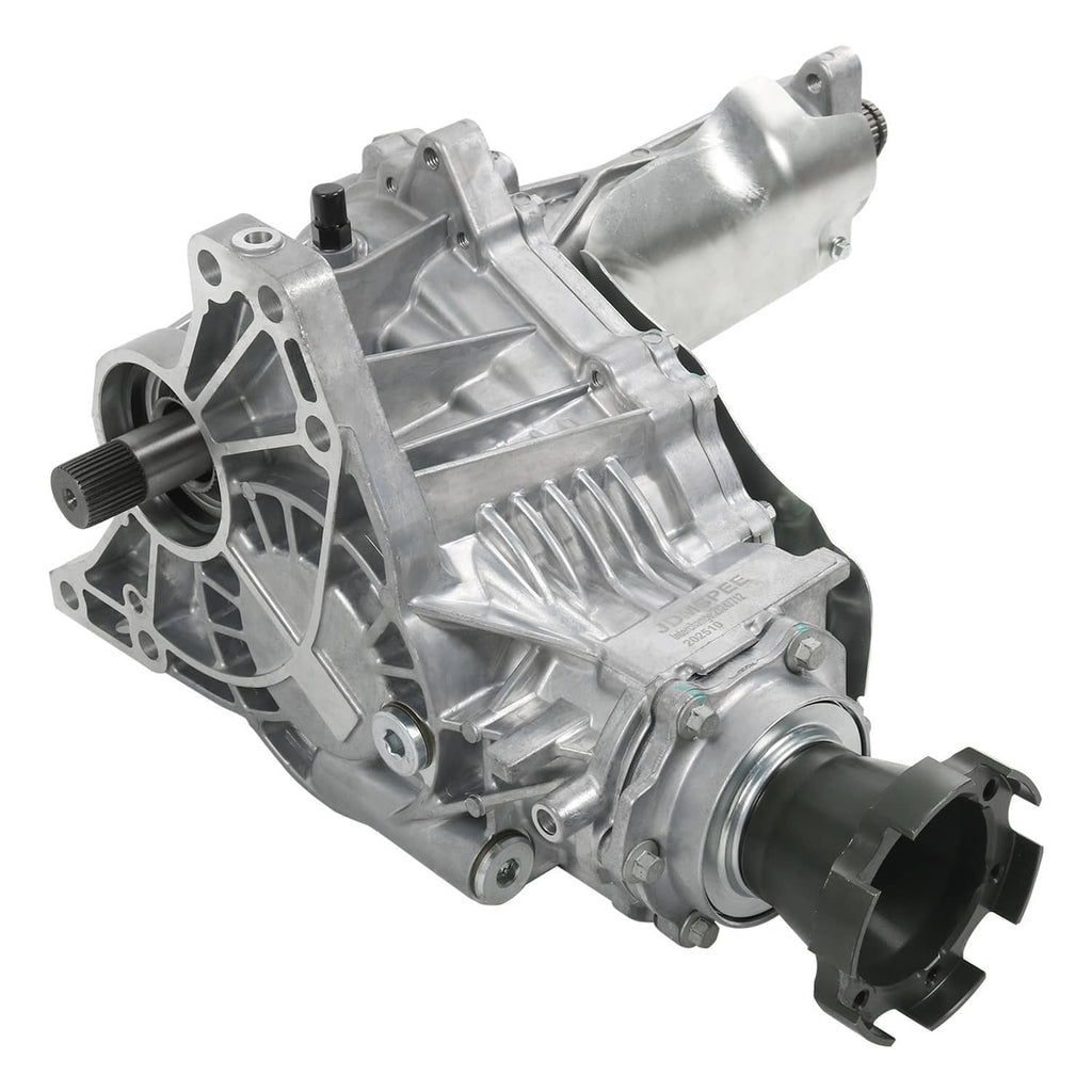Aluminum transfer case assembly with output yoke and mounting bracket, metallic finish