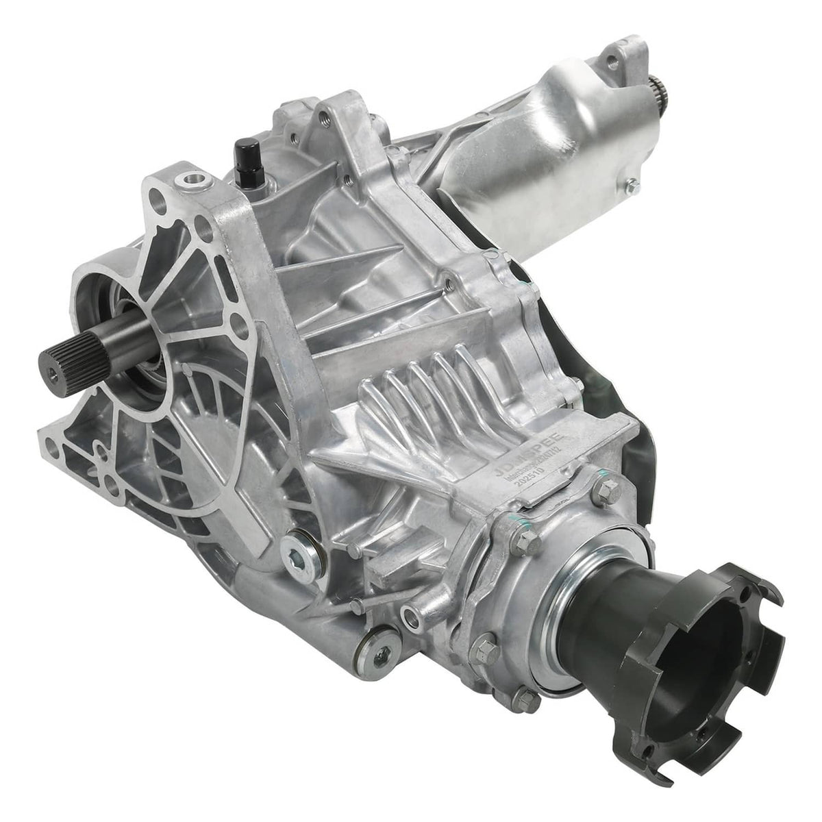 Aluminum transfer case assembly with output yoke and mounting bracket, metallic finish