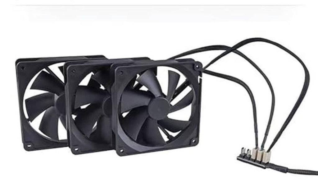 PC fan splitter hub with three black fans and braided PWM cable leads