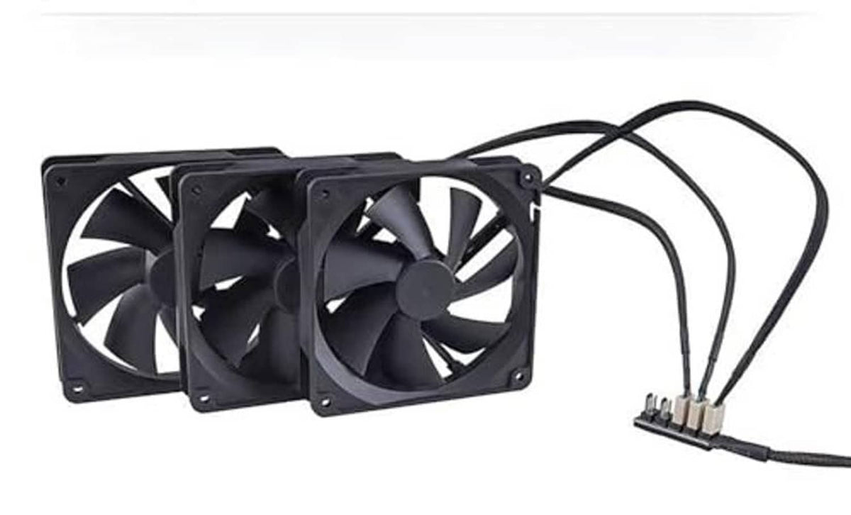 PC fan splitter hub with three black fans and braided PWM cable leads