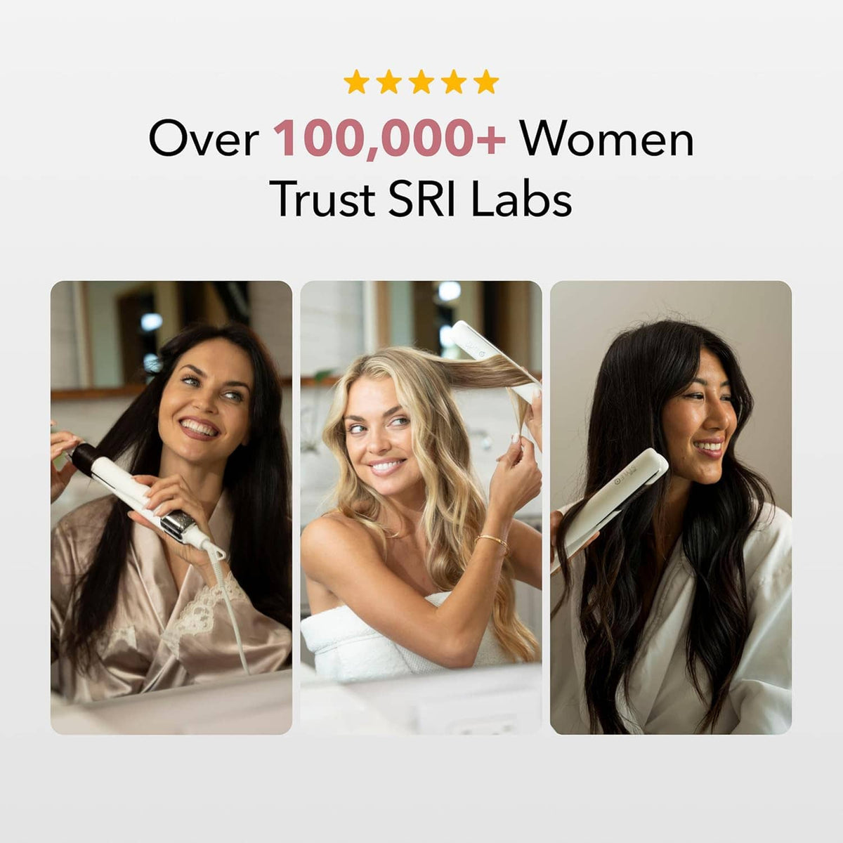 Women using a white hair flat iron straightener in separate bathroom-style scenes.
