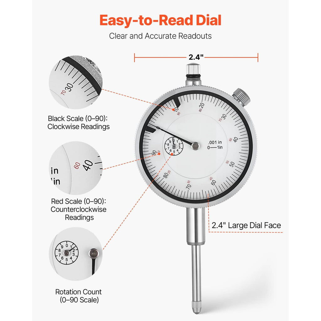 Dial test indicator with large round dial face and measurement scale markings