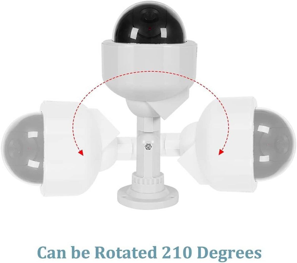 White rotating fake security camera with black dome lens and centered red light indicator