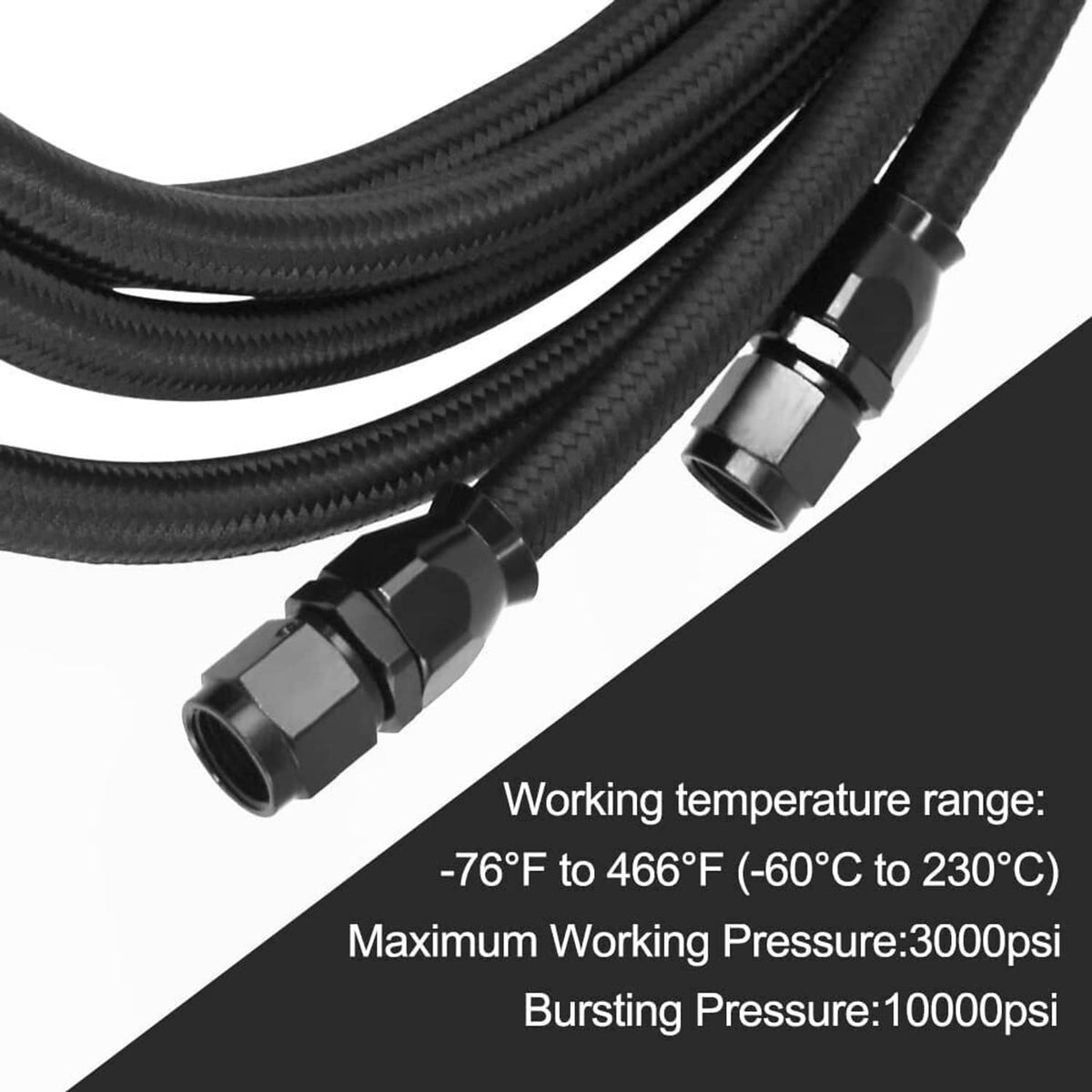 Black braided hose with metallic AN-style threaded end fittings and couplers