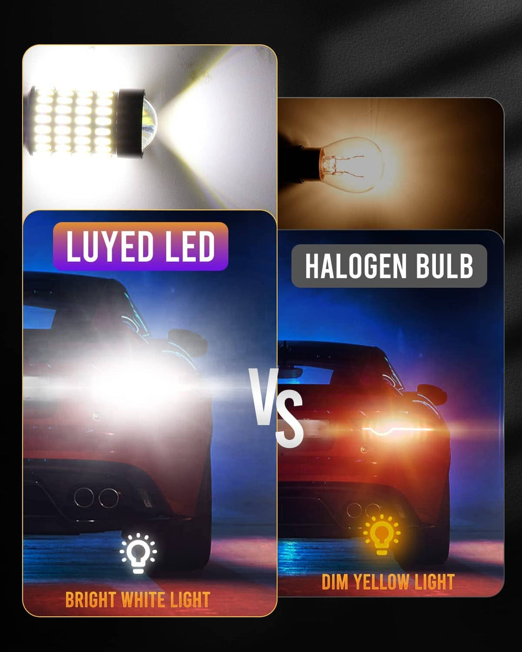 LED bulb vs halogen bulb comparison graphic showing a bright white LED bulb