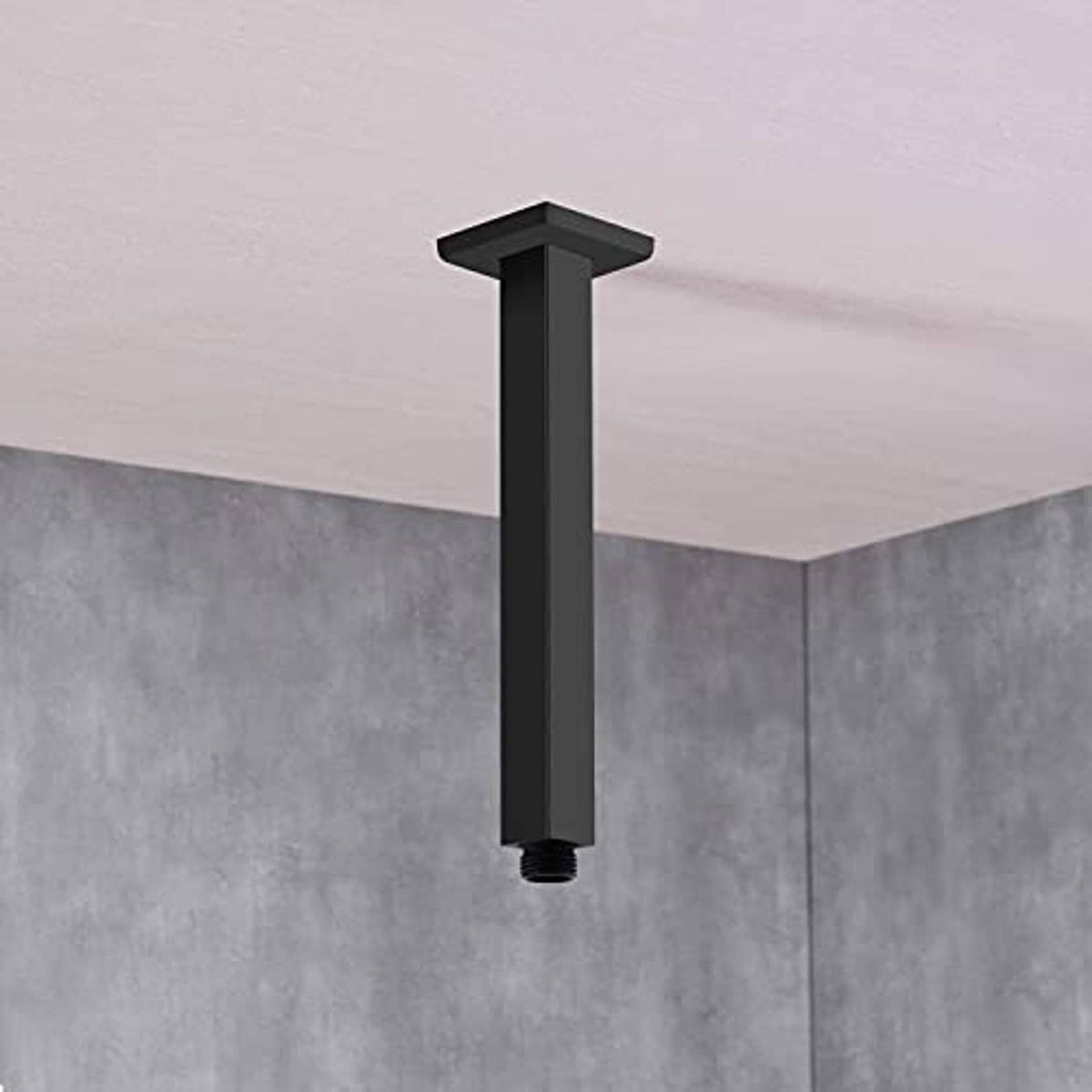 Ceiling-mounted matte black shower arm with square flange and extended pipe