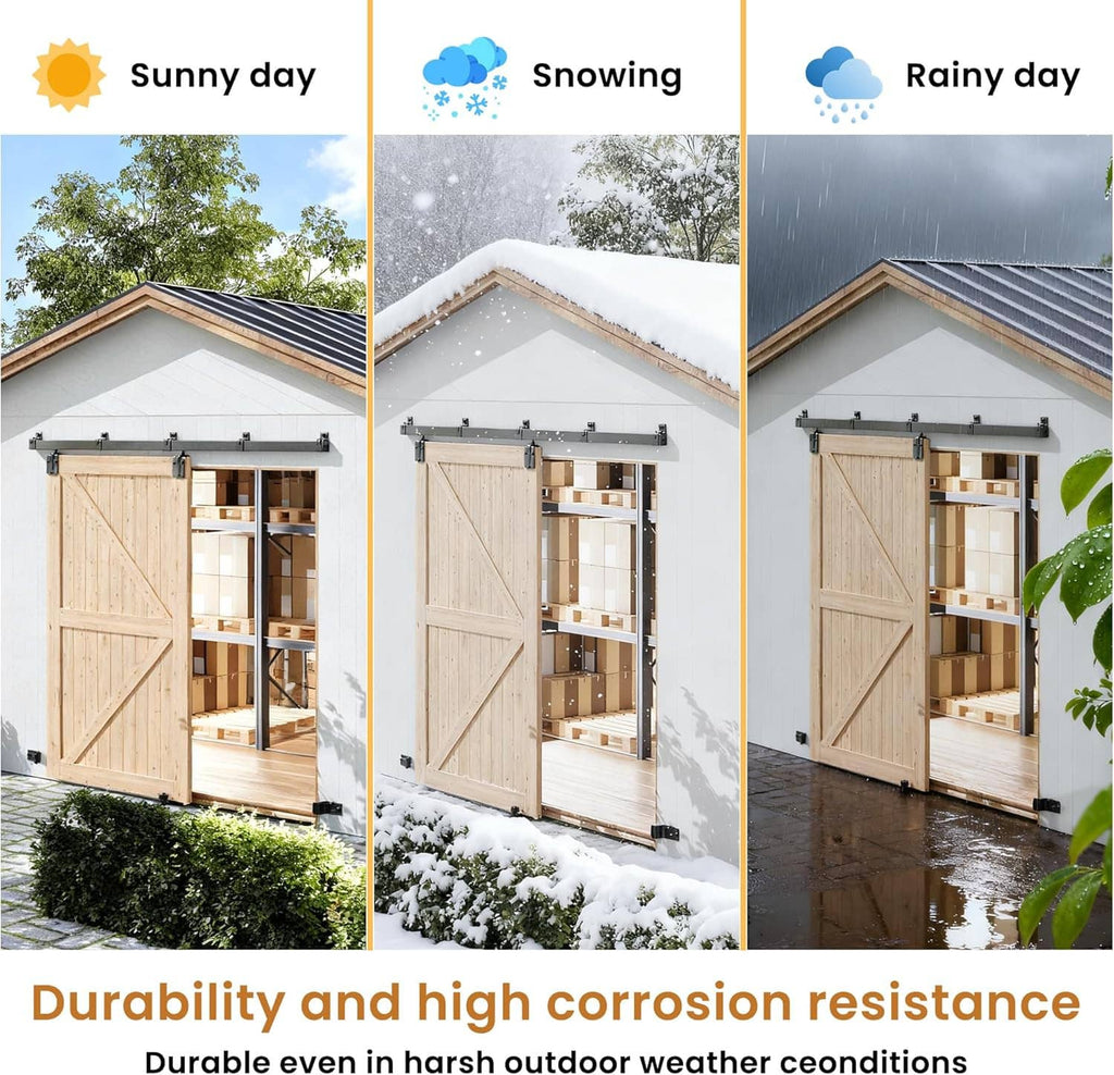 Exterior sliding barn door hardware shown for sunny, snowy, and rainy weather