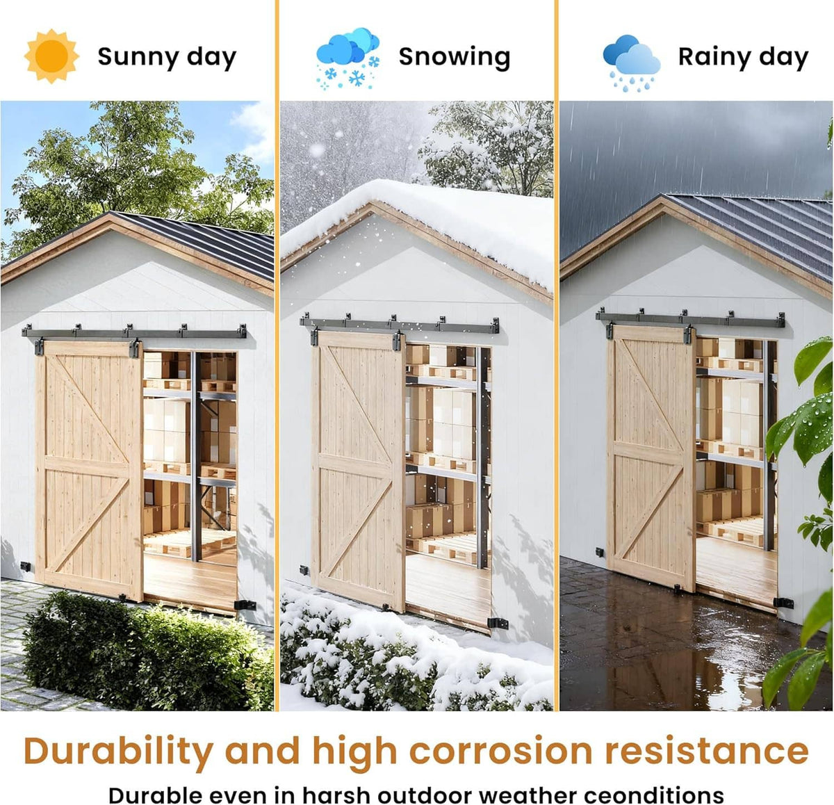 Exterior sliding barn door hardware shown for sunny, snowy, and rainy weather