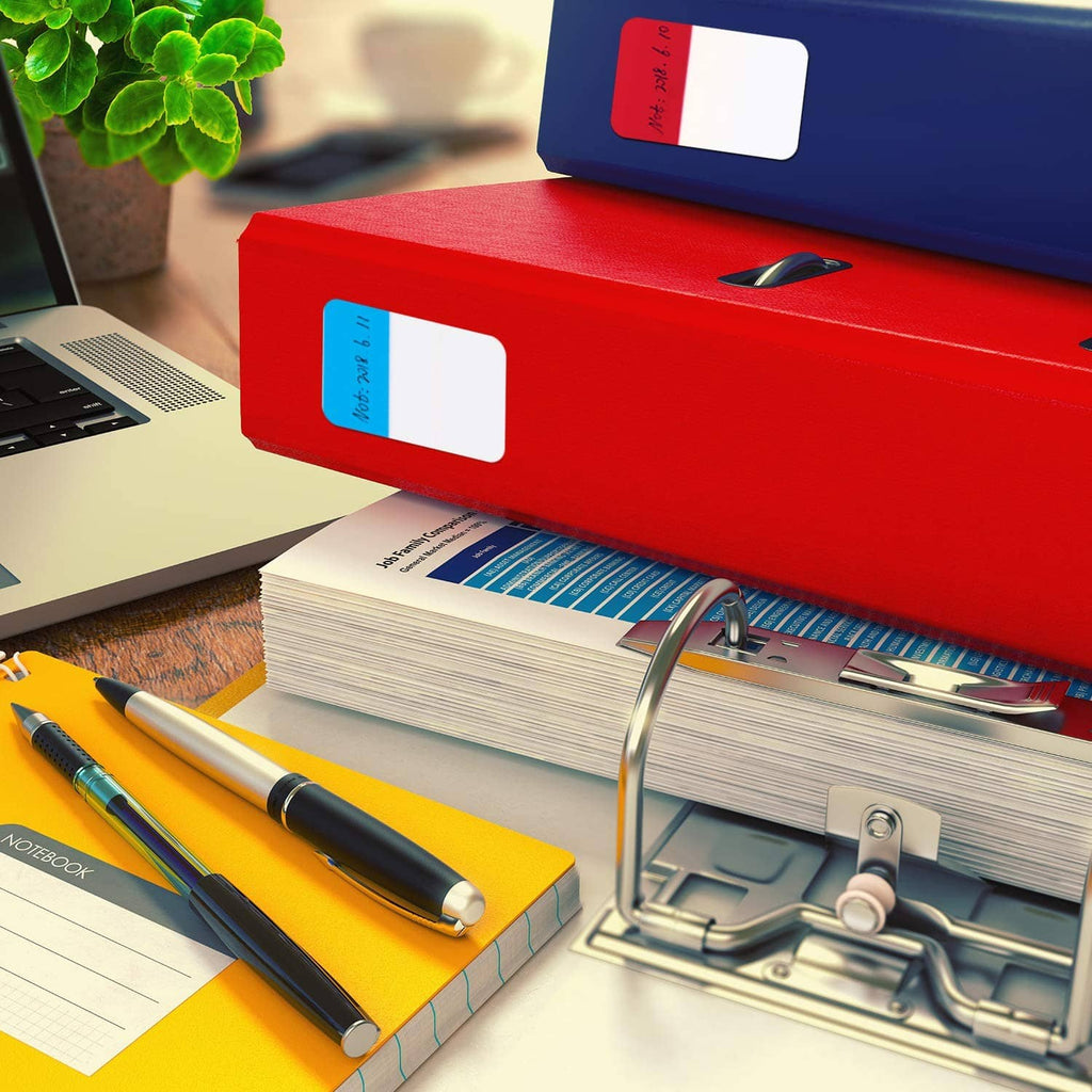 Red file box and blue card with white label area, sticky index tabs included