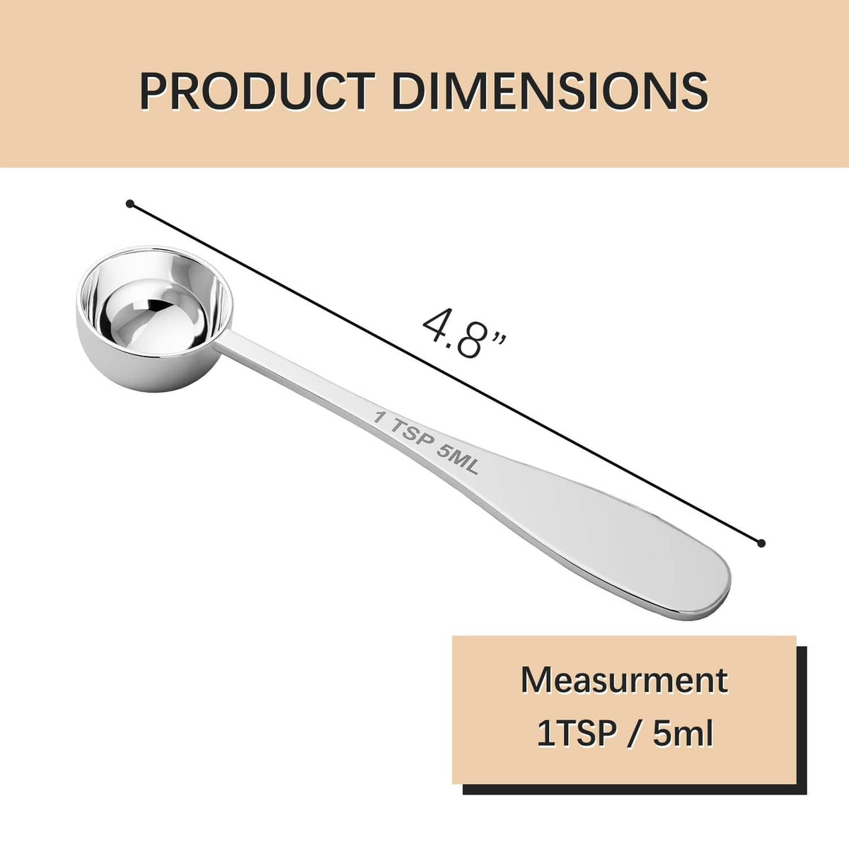 1 tsp stainless steel measuring spoon, 4.8 in long with engraved measurement mark