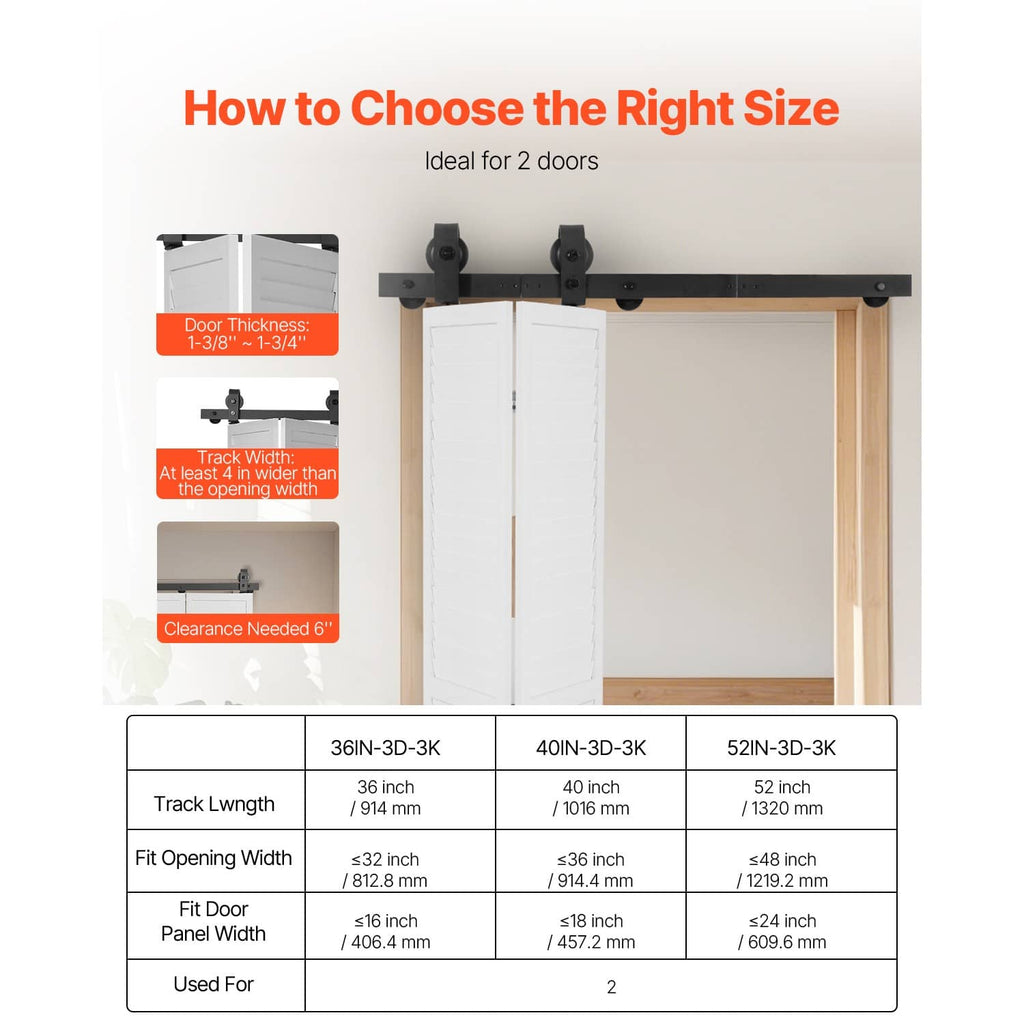 Barn door track kit components for two-door setup with adjustable sizing