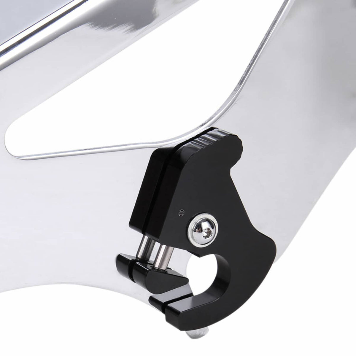 Close-up of black latch and mounting hardware on a silver rack plate