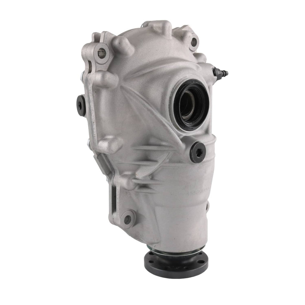 Front differential carrier assembly, angled view of silver housing with end flange