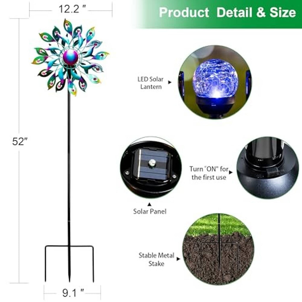 Peacock solar wind spinner diagram showing 52" height, ground stake, and solar panel