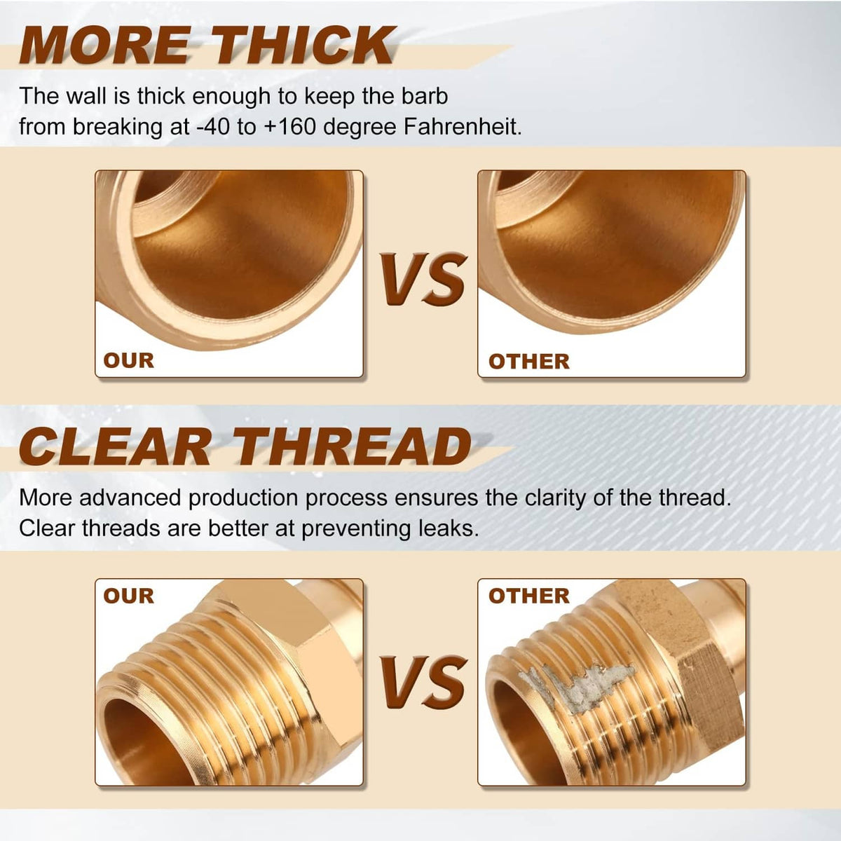 Brass hose barb fitting, close-up of ridged threads for secure seal