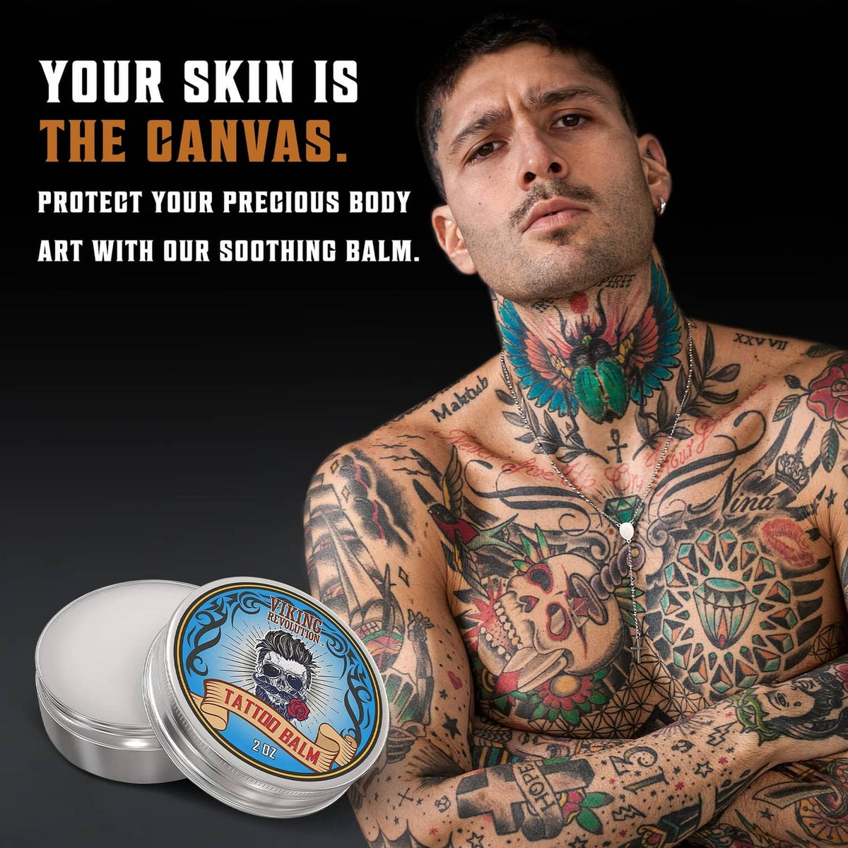 Viking Revolution tattoo care balm tins beside tattooed man, 2 oz round cans