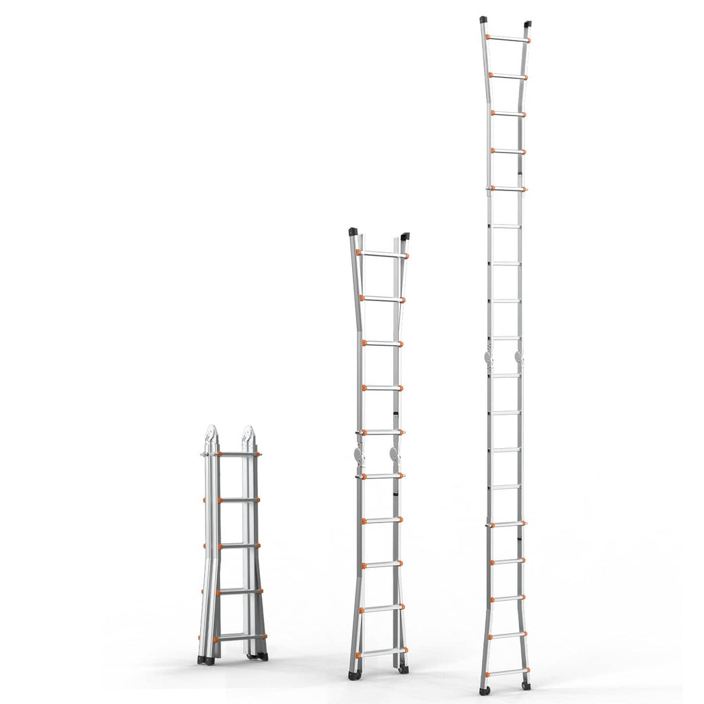 Telescoping A-frame extension ladder shown in three heights, silver rails with orange rung accents