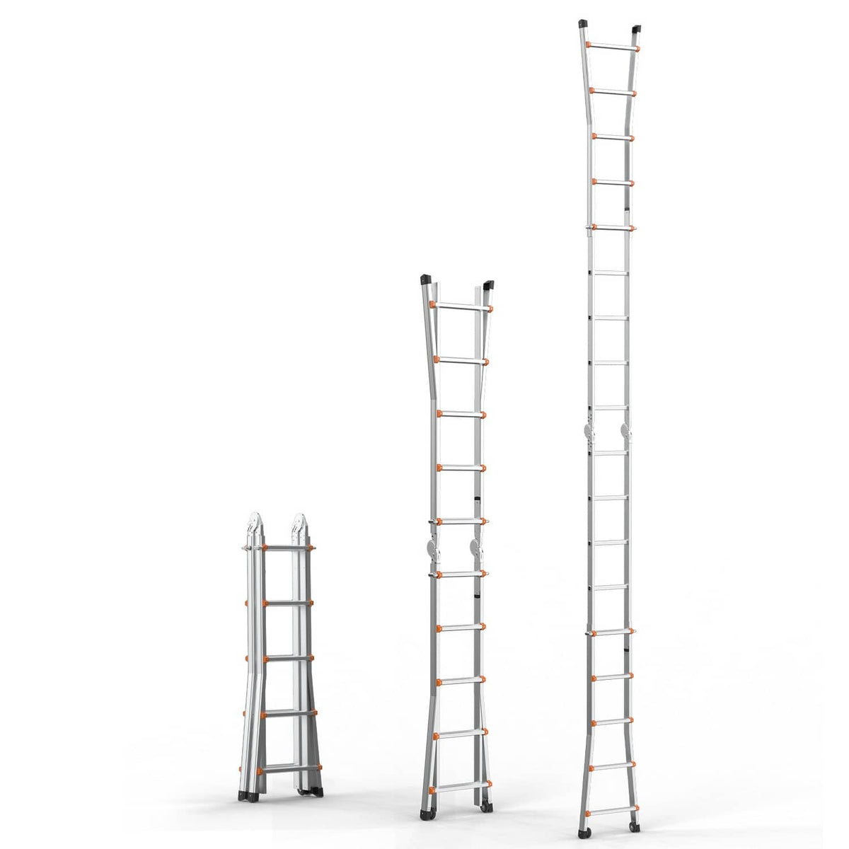 Telescoping A-frame extension ladder shown in three heights, silver rails with orange rung accents