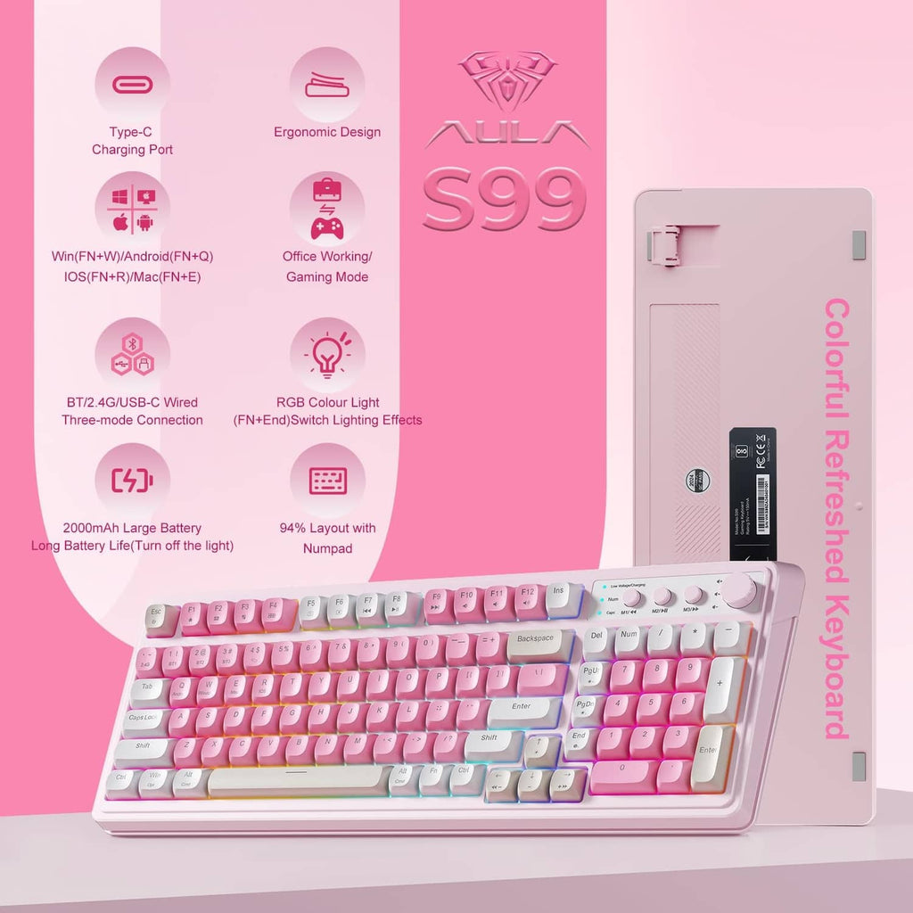 Pink full-size keyboard with cream keycaps and top control panel