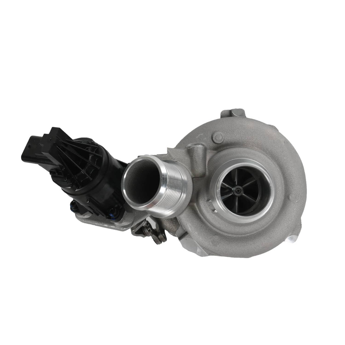Right-side turbocharger showing turbine housing, intake connection, and black electrical component