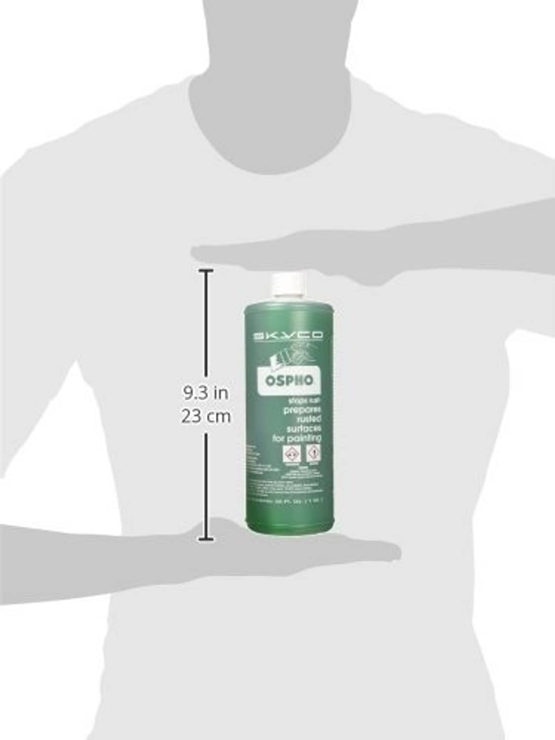 Green 32 fl oz OSPHO metal treatment bottle with height measurement on model