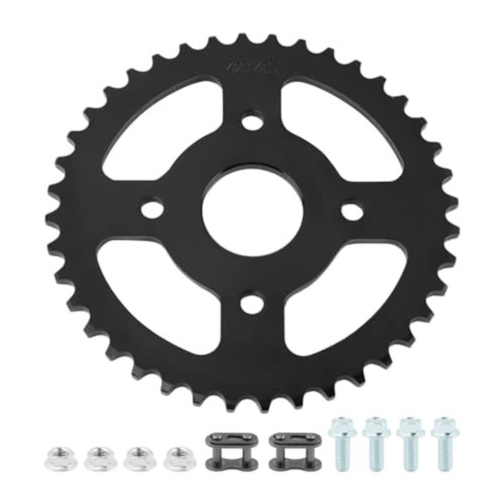 Black 40T mini bike sprocket gear with matching mounting hardware bolts and pins