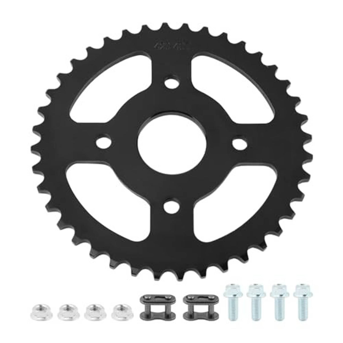 Black 40T mini bike sprocket gear with matching mounting hardware bolts and pins