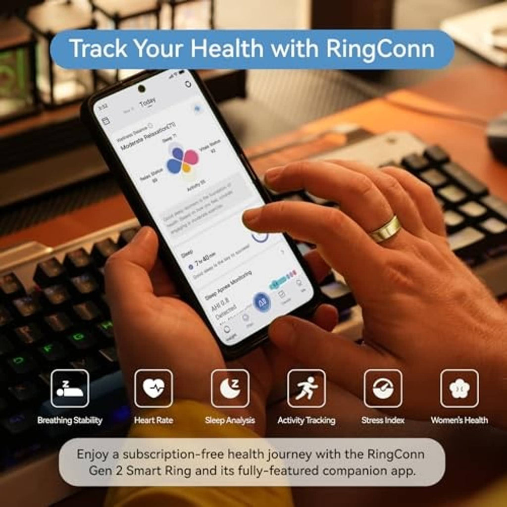 Gold smart ring worn on a hand, with health app on a phone