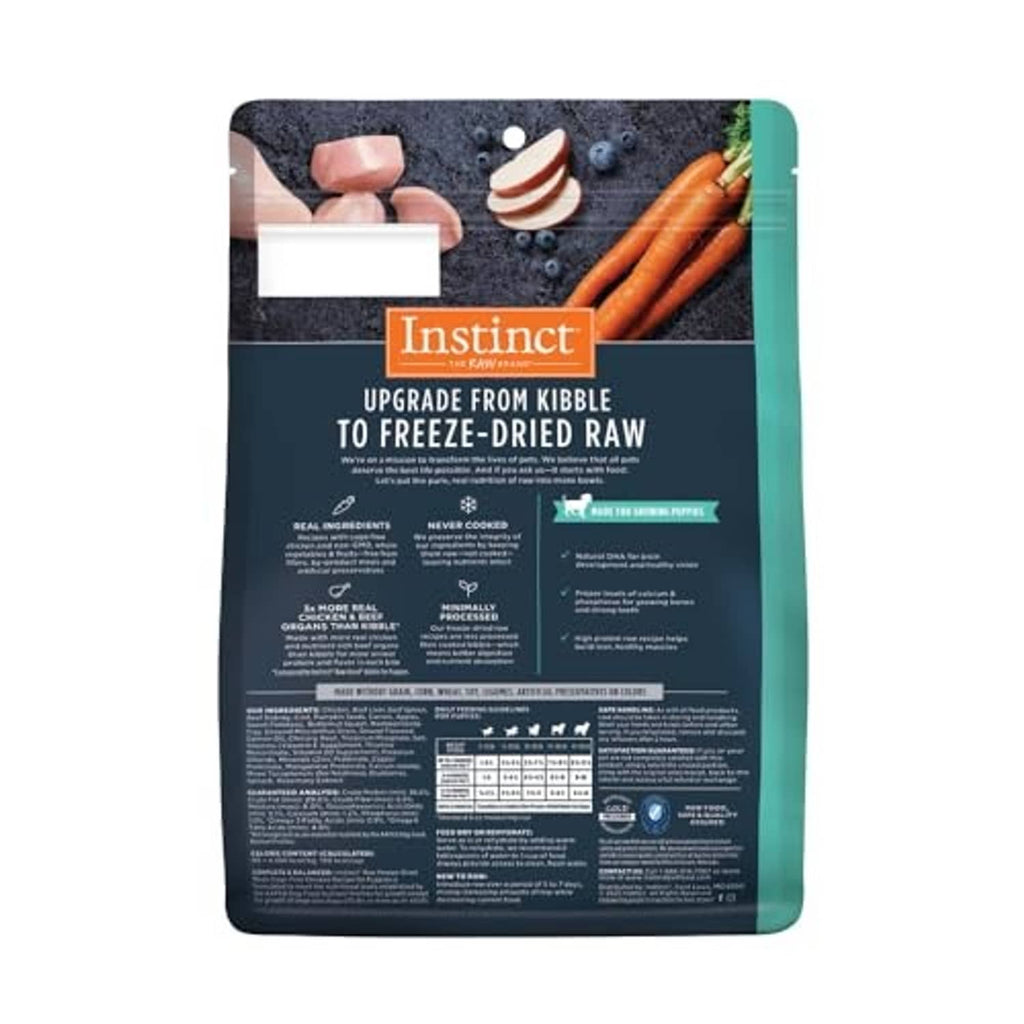 Freeze-dried puppy food pouch back panel with feeding instructions and ingredient info