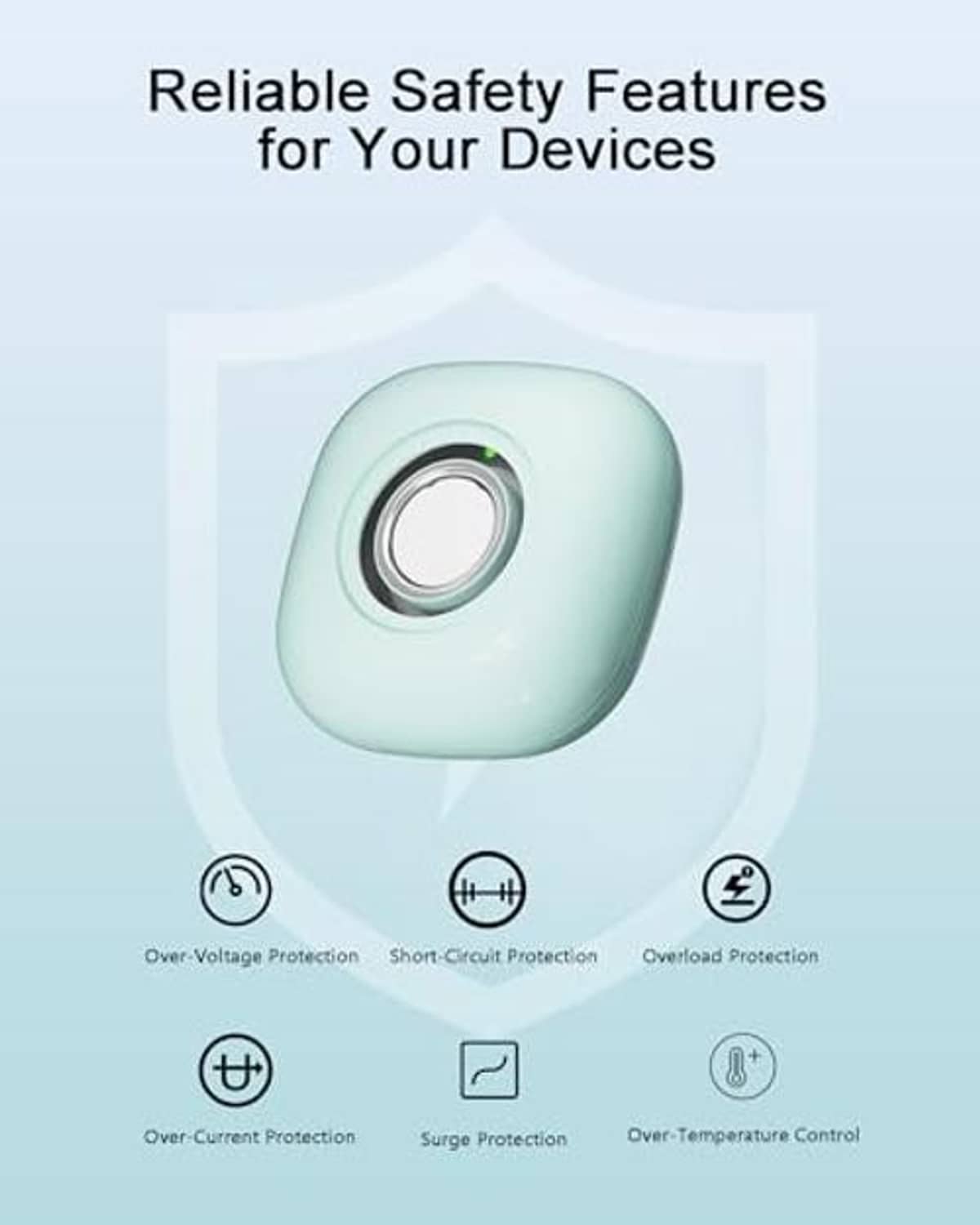 Teal wireless charging case with round center button and safety feature icons