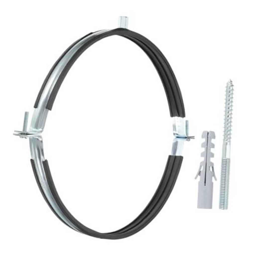Black split pipe hanger clamp with metal brackets and adjustable screw hardware