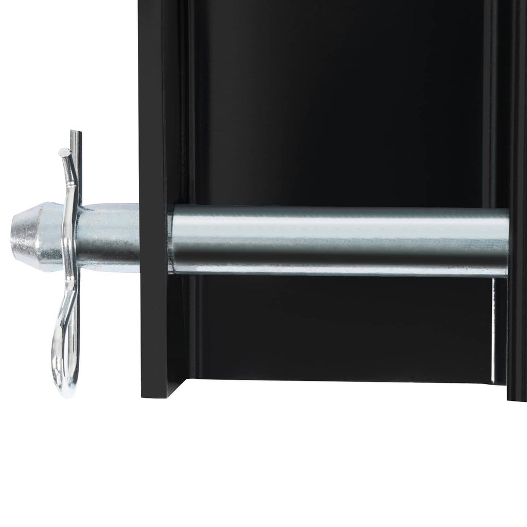 Close-up of black stake pocket D-ring with silver mounting bar and pin