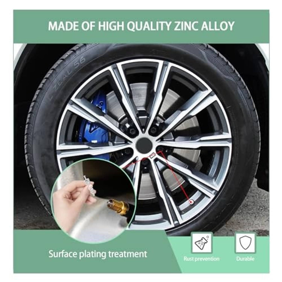 TPMS valve stem core concept over a wheel, silver metal with red sealing ring