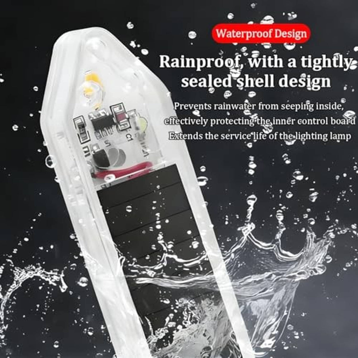 Waterproof LED door warning light with sealed clear housing and black internal panel