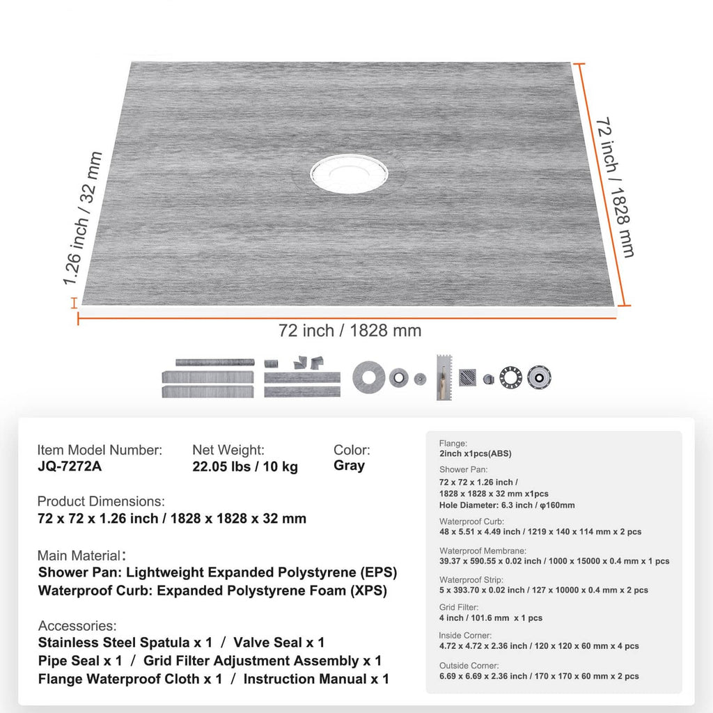 Grey 72x72 shower pan kit with central drain opening and included dimensions