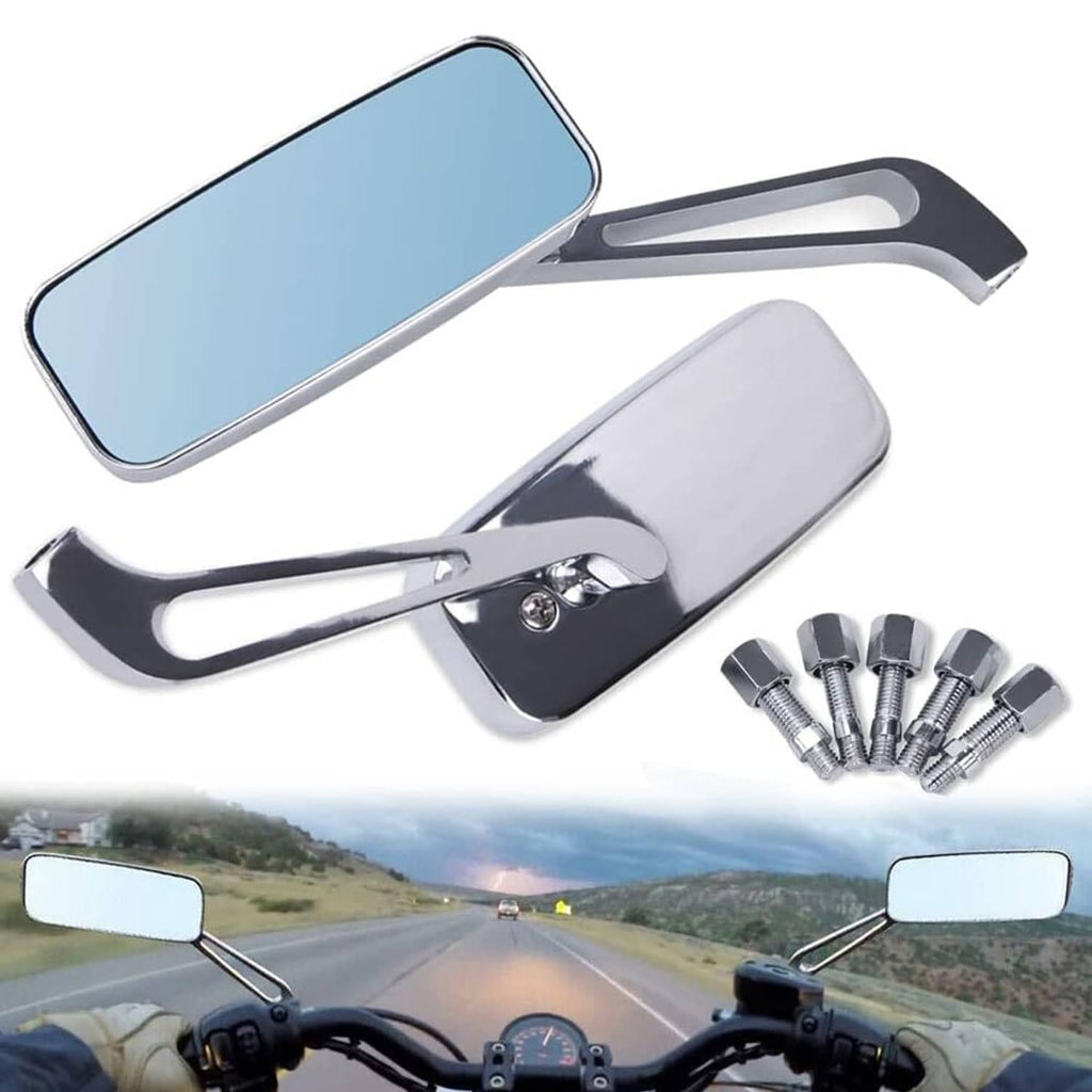 Pair of rectangle chrome rear-view mirrors with blue tinted glass and mounting hardware