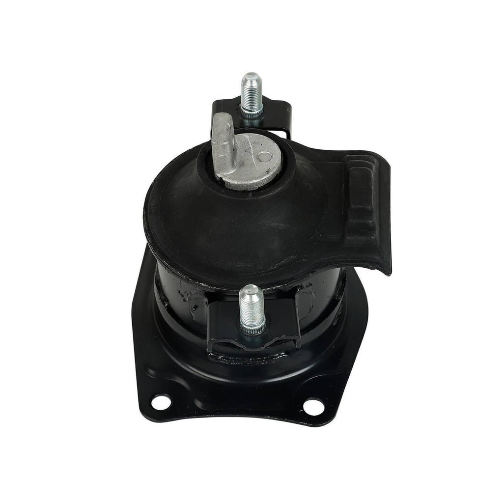 Black engine mount with round rubber isolator and two metal bolts